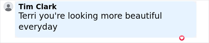 Comment by Tim Clark saying Terri you're looking more beautiful everyday on a social media post about a Bond Girl. Comment by Tim Clark saying Terri you're looking more beautiful everyday on a social media post about a Bond Girl.