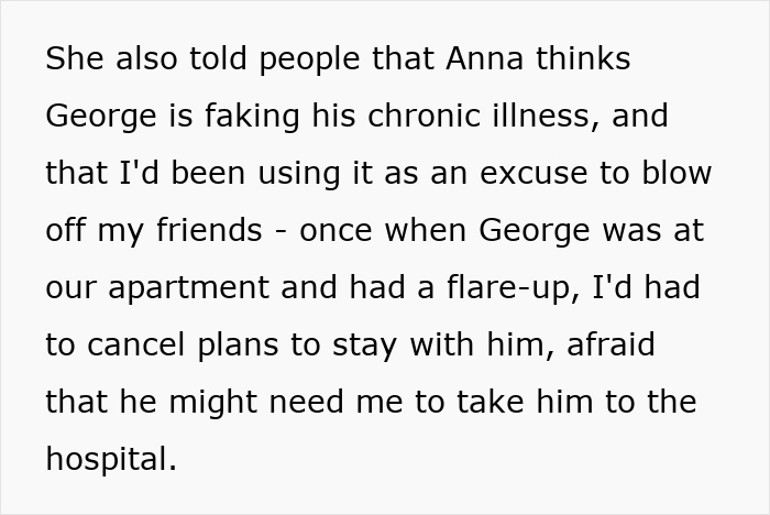 Text describing a best friend sabotage relationship involving excuses and concern for a boyfriend&rsquo;s chronic illness flare-up.