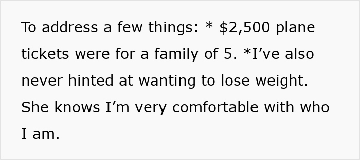 Text excerpt discussing plane ticket costs and personal comfort with body image amid friendship conflict over weight loss. Text excerpt discussing plane ticket costs and personal comfort with body image amid friendship conflict over weight loss.