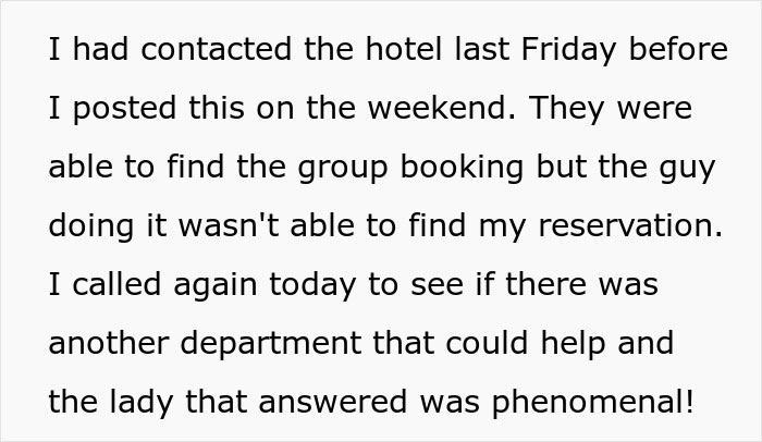 Text showing a person explaining issues with a hotel reservation related to a bride trying to cancel guest’s resort room. - 40