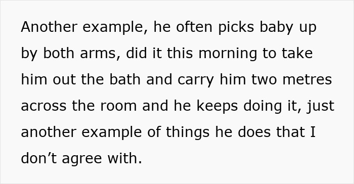 Husband carries infant by the arms and wipes face with dishrags while wife expresses concern about it.