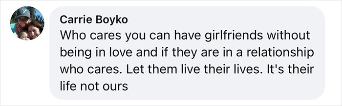 Facebook comment by Carrie Boyko supporting girlfriends and relationships, reflecting on Shiloh Jolie-Pitt romance rumors.