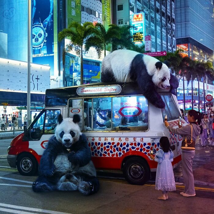 Two pandas interacting with people near an ice cream truck at night in Hong Kong, surreal panda edits by SurrealHK.