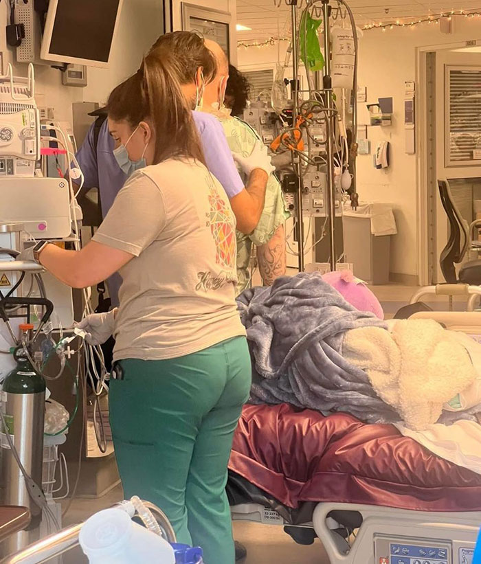 Medical staff in a hospital room attending to a patient, highlighting the girl finding parents' bodies and warning her sister.