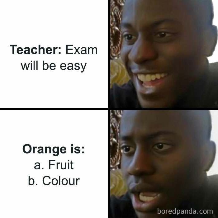 Man reacting happily then surprised to a funny meme explaining science concepts about the word orange.