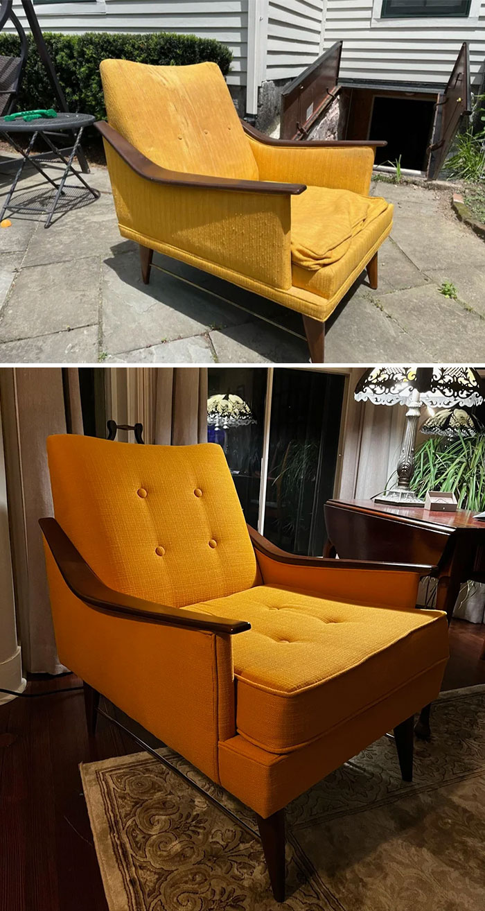 Before and after images of furniture flipping transformation showing a restored mid-century modern chair with vibrant upholstery.