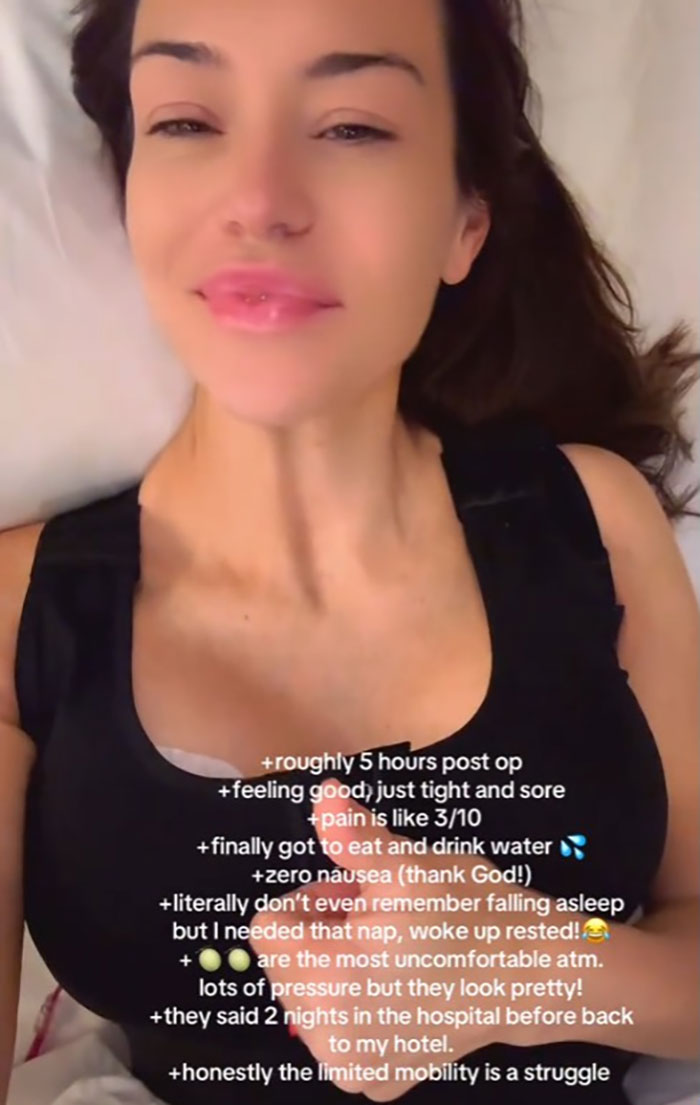 Woman with 3 kids shares post-op update after mommy makeover showing recovery progress and results.