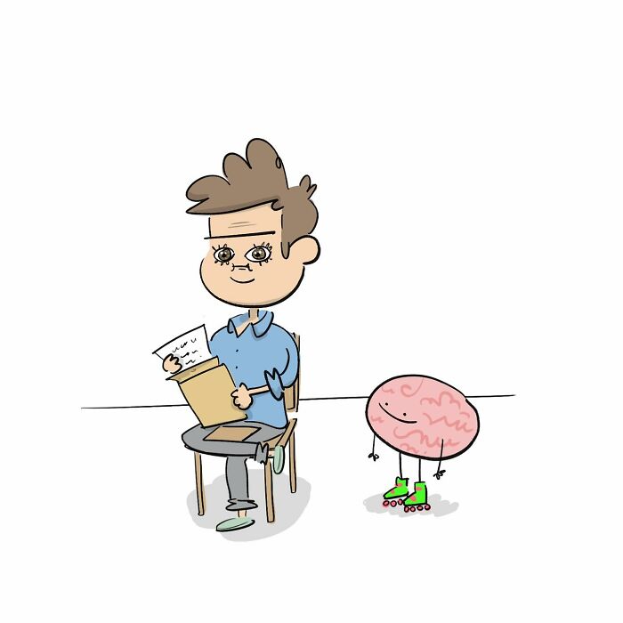 Cartoon of a person sitting with a smirk, illustrating a funny comic about arguing with their own brain.