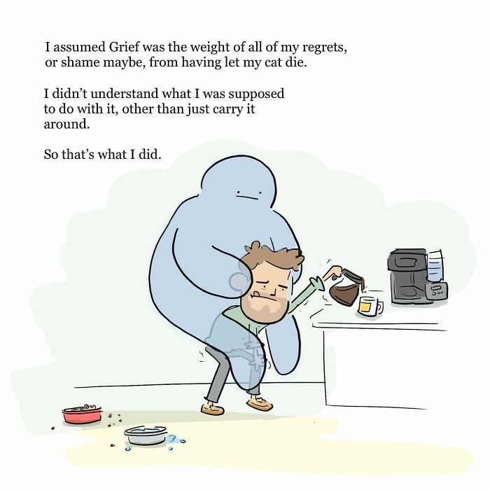 Illustration of a person sitting beside a large blue figure on a couch, depicting grief and inner struggle in funny comics.