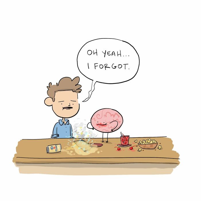 A funny comic showing a person arguing with their own brain at a bar with drinks and snacks.