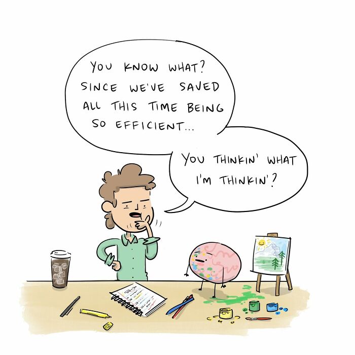 Person and brain arguing with each other about productivity in a funny comic from 40 funny comics series.