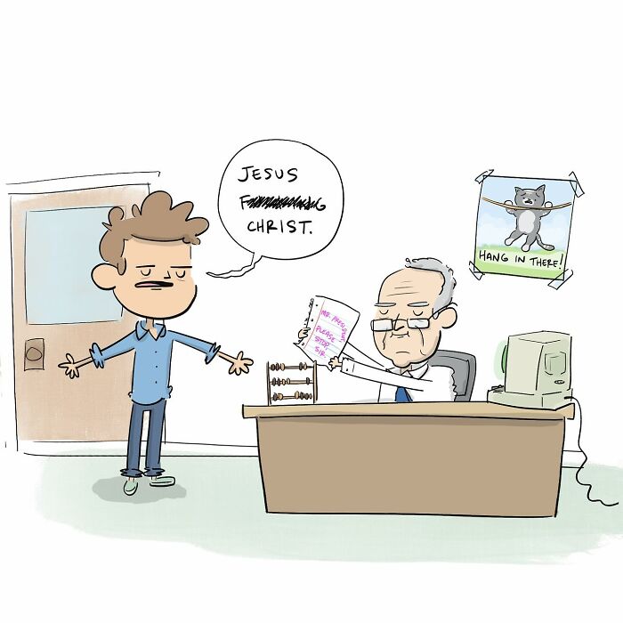 Cartoon of a frustrated person outside DNC headquarters with a fallen plant, illustrating funny comics about arguing with your brain.