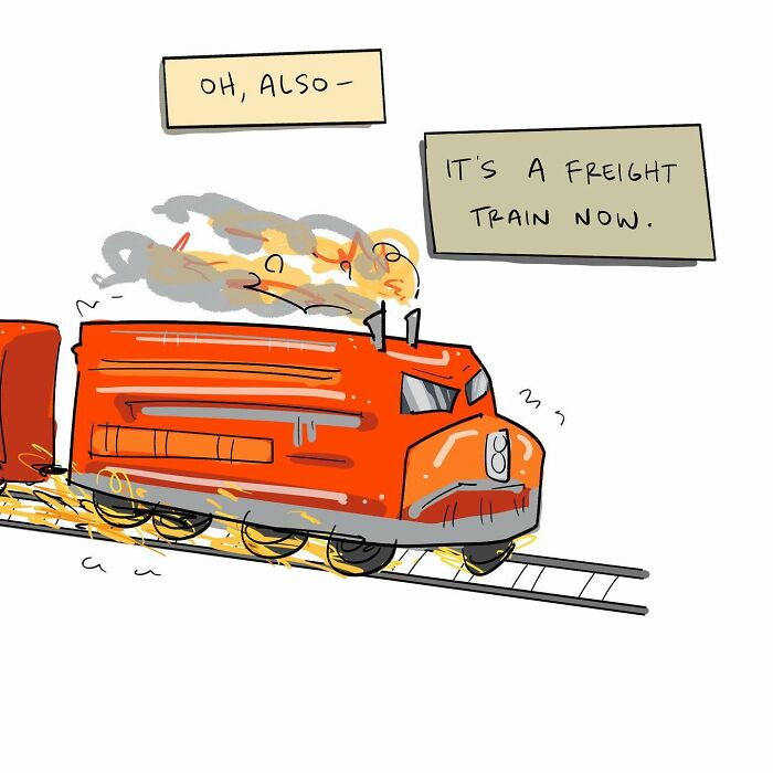 Red runaway trolley speeding down train tracks in a funny comic illustrating arguing with your own brain.
