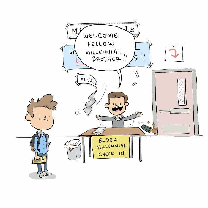 Cartoon showing a person approaching Age-Con building with a 2024 blimp and cars under spotlights in a funny comic style.