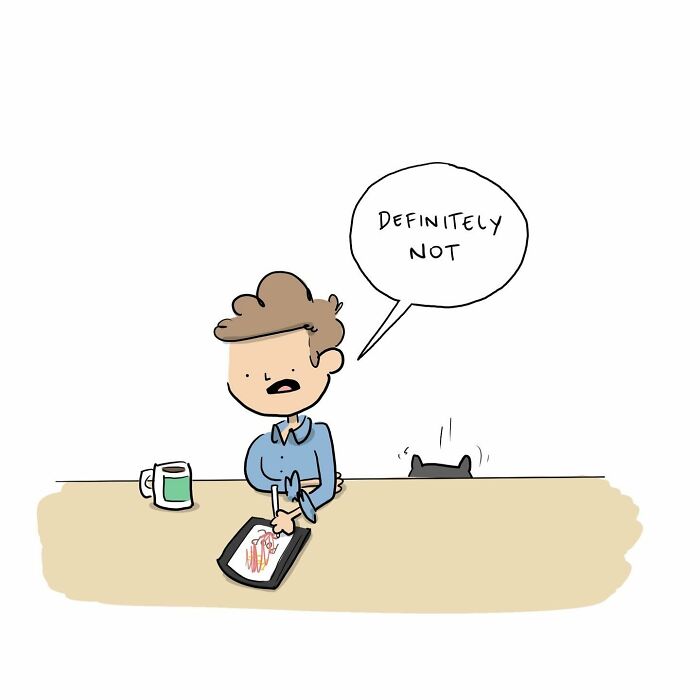Cartoon of a person smiling at a table with a mug and a tablet showing a funny comics drawing.