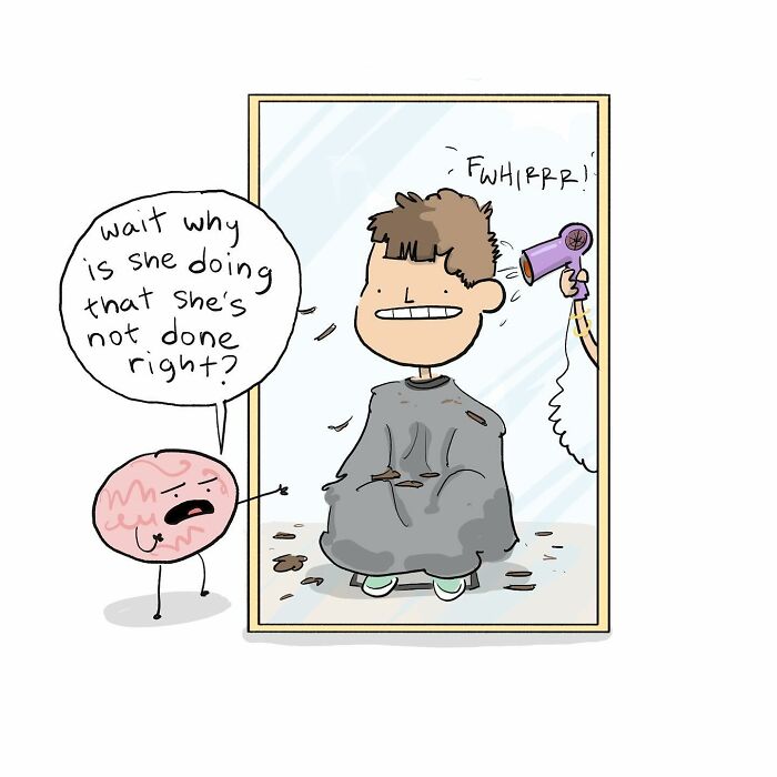 Cartoon comic showing a person being sprayed in the head by a brain character, humorous comic about arguing with brain.