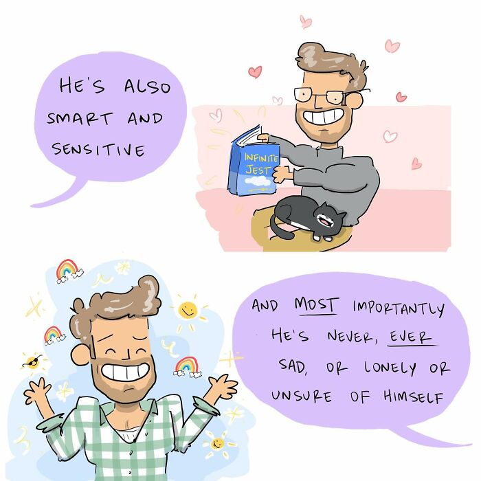 Funny comics showing a person ignoring their brain, which is drawing a colorful picture nearby.