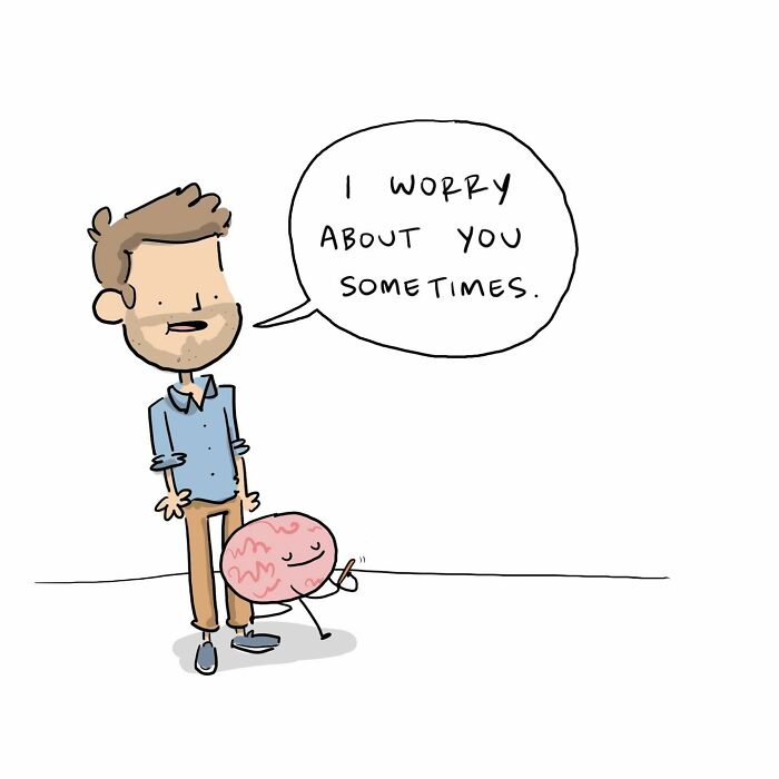 Cartoon of a man arguing with a talking brain saying we’re so easygoing, illustrating funny comics about arguing with the brain.