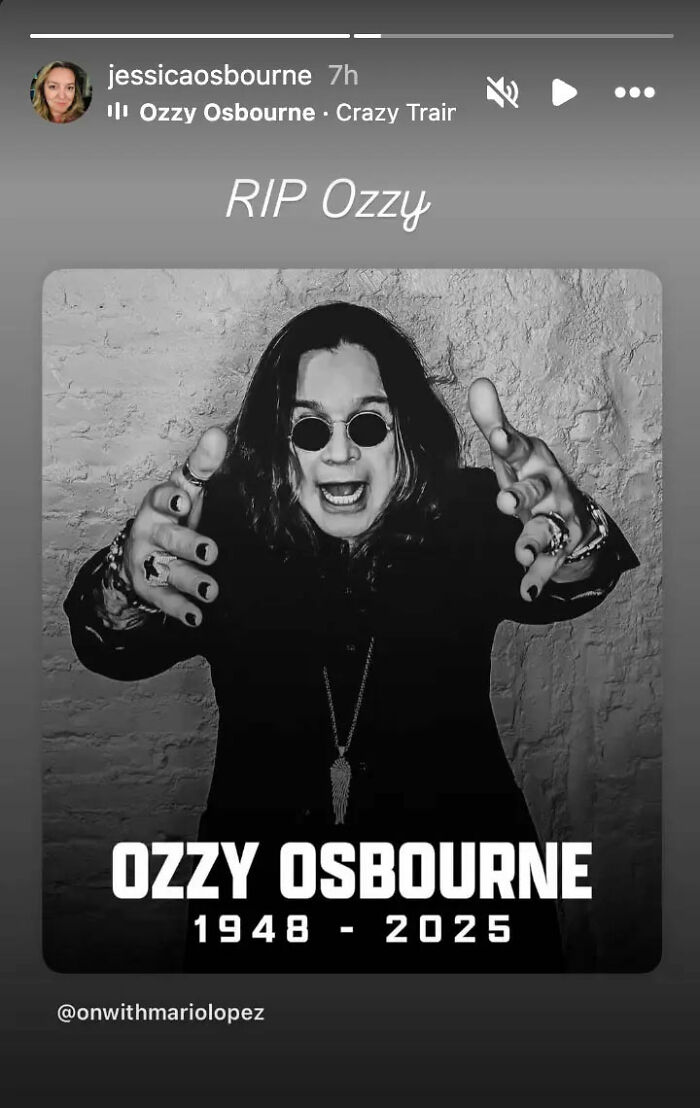Black and white photo of Ozzy Osbourne with text RIP Ozzy and dates 1948-2025 highlighting family rifts.