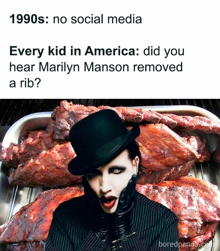 1990s meme about kids discussing Marilyn Manson with a background of ribs referencing nostalgia and cultural moments.