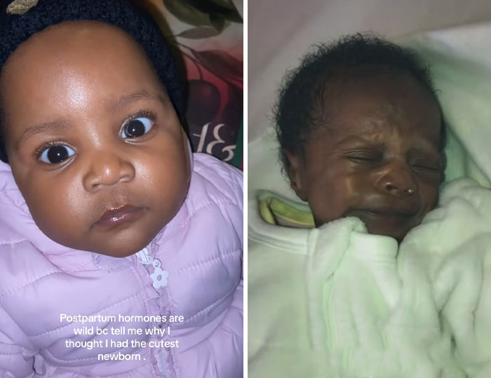 Two newborn babies, one alert and wide-eyed, the other sleeping wrapped in a white blanket, illustrating postpartum hormones.