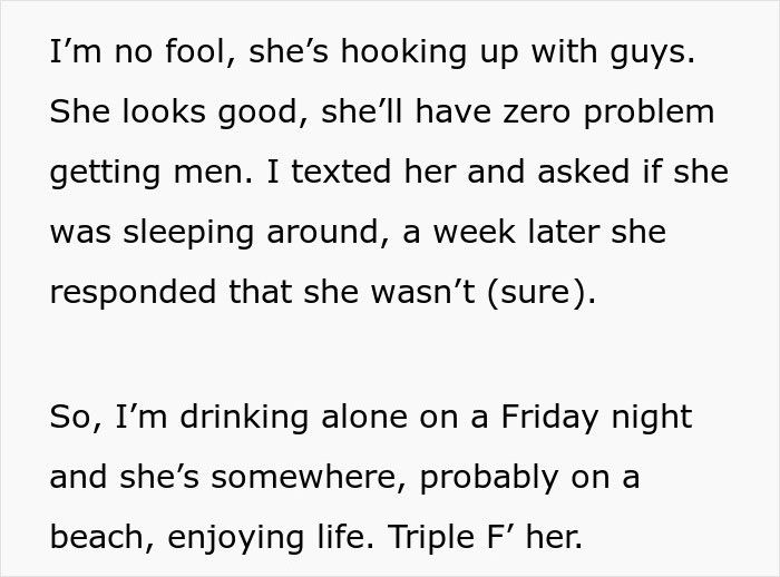 Text message showing suspicion about a woman leaving to find herself and going on a dream trip alone.