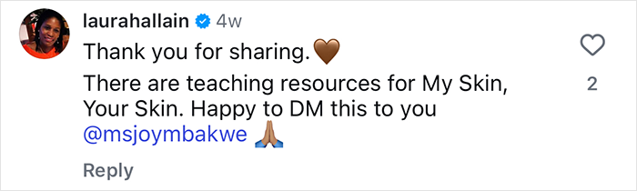 Comment on TikTok post about 2YO toddler realizing she&rsquo;s black, with mom sharing empowering reply and teaching resources.