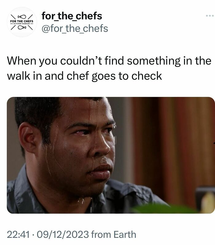 Man sweating nervously in a meme about relatable chef humor and the anxiety of missing items in the walk-in cooler.
