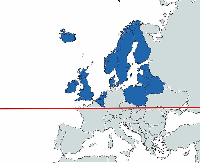 Map of Northern European countries highlighted in blue above a red horizontal line, illustrating Simon Shows You Maps data.