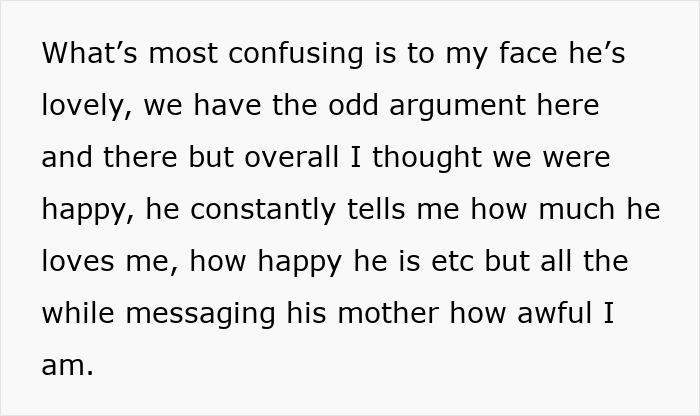 Text message conversation showing a woman discovering her husband texted his mother, revealing lies and hidden feelings.