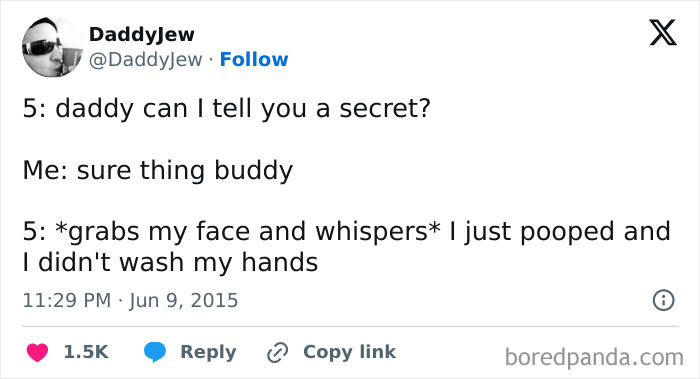 Screenshot of a social media post showing a humorous and suspiciously unbothered confession from a child to their dad.