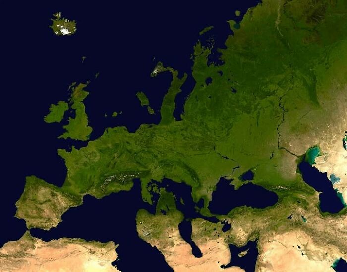 Satellite view of Europe highlighting geographical features in a funny and horrible maps collection for geography enthusiasts.