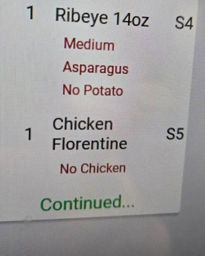 Order screen showing a ribeye cooked medium with asparagus and no potato, and a chicken Florentine with no chicken, chef memes humor.