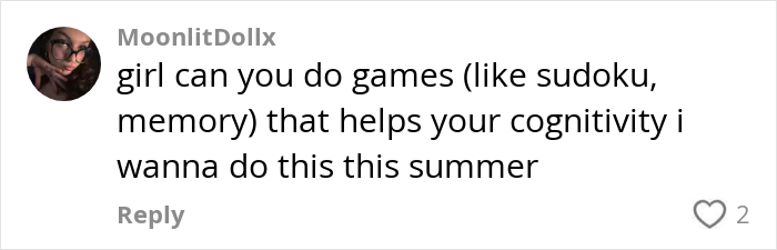 Social media comment asking for games like sudoku and memory that improve mental and physical health habits.