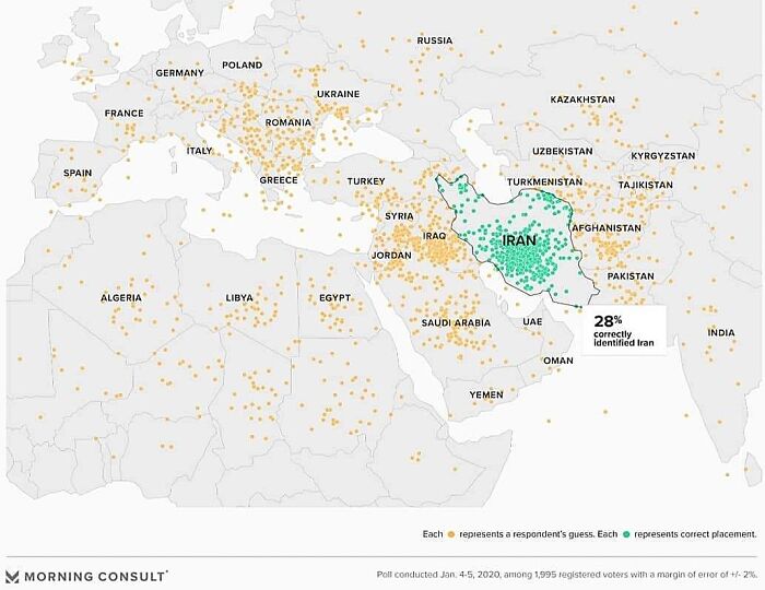 Map showing incorrect and correct placements of Iran with data points highlighting geography mistakes and accuracy in identification.