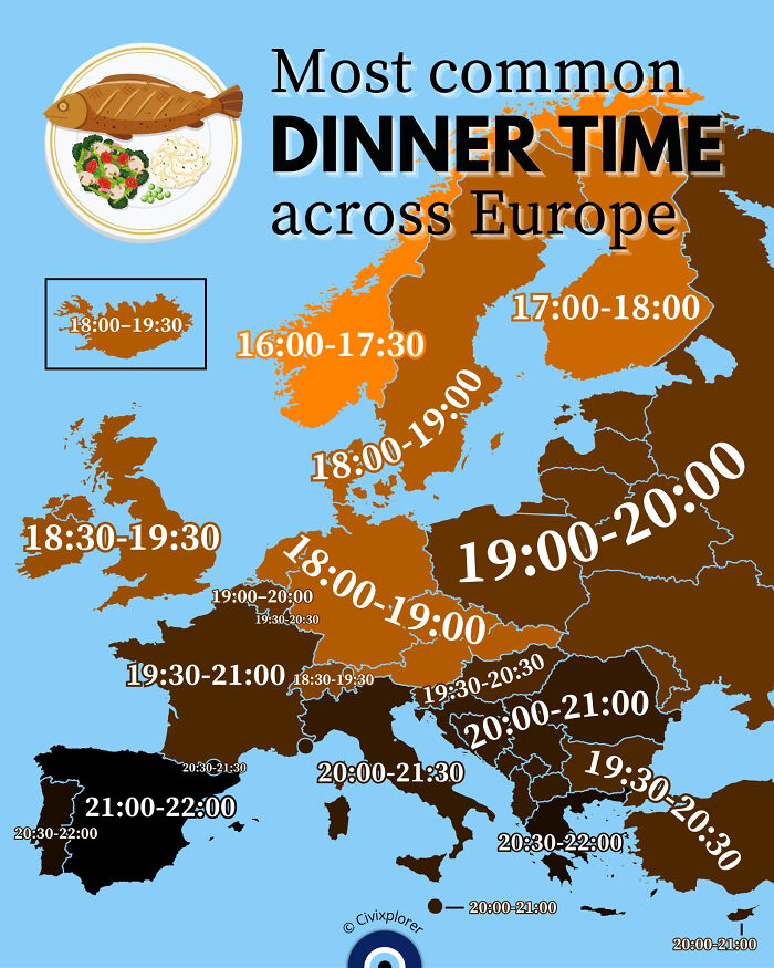 Map showing most common dinner time across Europe with varied times highlighted by Simon Shows You Maps infographic.