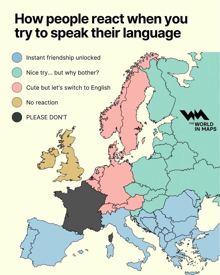 Map from Simon Shows You Maps illustrating how people in Europe react when you try to speak their language, using color-coded regions.