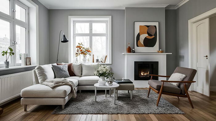 Cozy living room with modern sofa, armchair, fireplace, and decor capturing a nostalgic feel of thank you notes era.