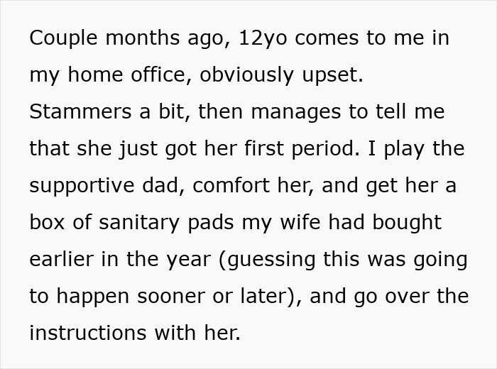 Text about 12-year-old daughter getting her first period and a supportive dad helping with menstruation guidance. - 4