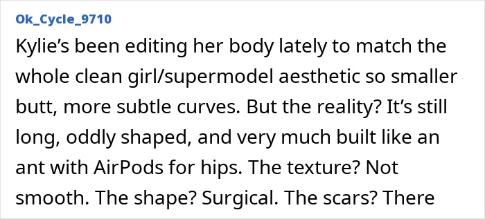 Text post discussing Kylie Jenner&rsquo;s plastic surgery scar and changes to her body shape and texture.