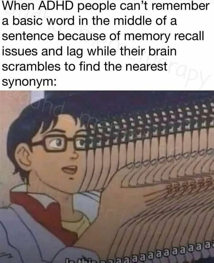 Illustration showing memory recall lag and brain scrambling, relatable for neurodivergents with ADHD challenges.