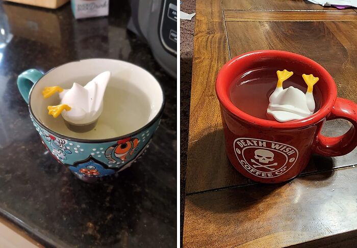 Two mugs with a novelty tea infuser shaped like a upside-down duck, showcasing popular products approved by the Hive Mind.
