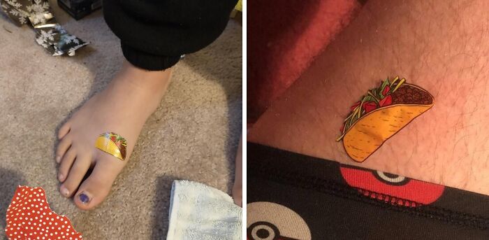 Two close-up images of small taco-shaped stickers on a person's foot and leg featured in products approved by the Bored Panda Hive Mind.
