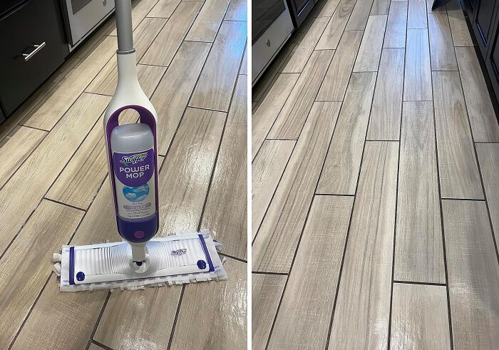 Swiffer Power Mop positioned on clean, modern tile floor in a sleek kitchen setting, showcasing easy floor cleaning tools.