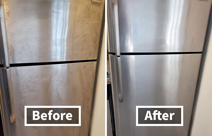 Before and after cleaning stainless steel refrigerator, demonstrating effective cleaning products for a regularly clean vibe.