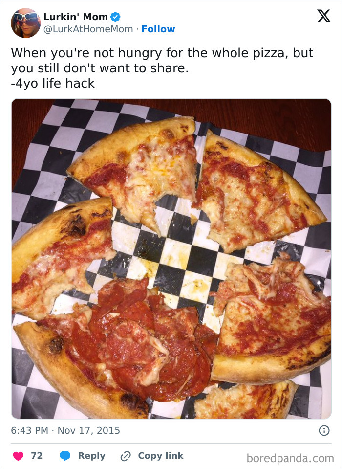 Partially eaten pepperoni pizza slices arranged unconventionally on checkered paper, showing suspiciously unbothered attitude.
