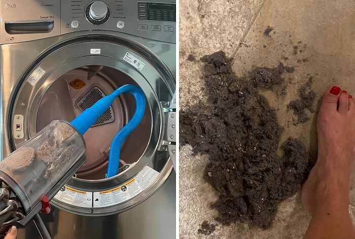 Vacuum cleaner attachment removing lint and debris from inside a front-loading washing machine drum.