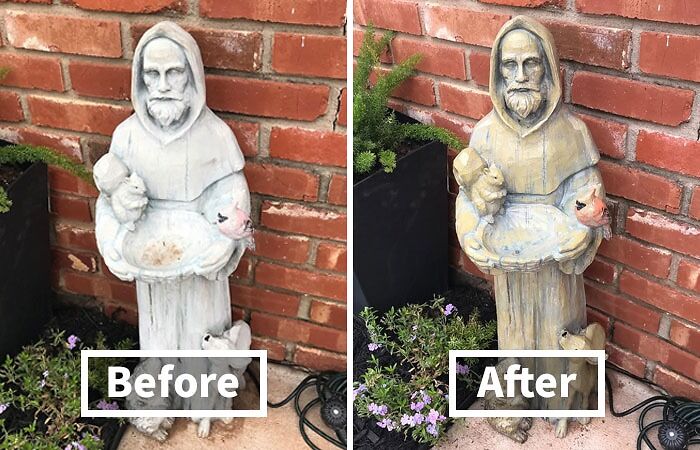 Weathered garden statue before and after cleaning, showcasing low-effort garden finds for easy outdoor décor refresh.
