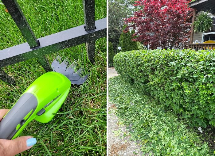 Electric garden trimmer cutting grass under fence showing gadgets for a less chaotic garden maintenance.