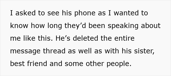 Text excerpt showing a woman discovering her husband texted his mother, raising trust and communication issues.